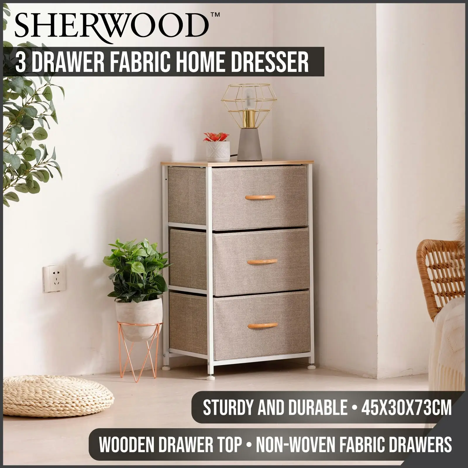 Sherwood Luna 3 Drawer Fabric Home Dresser Cream - Home & Garden