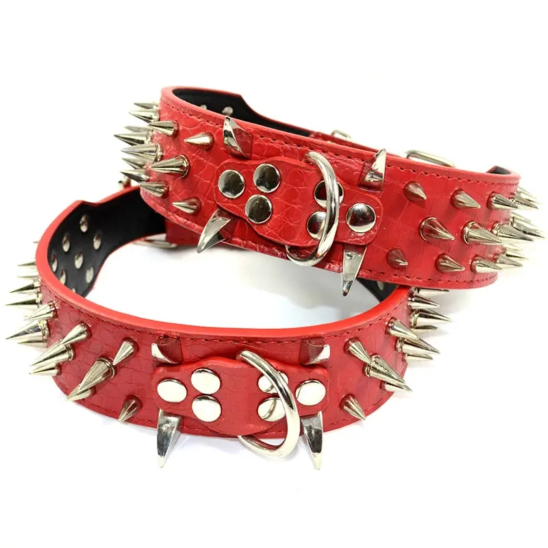 Large Breed Dog Leather Collar Nickel Plated Spikes Adjustable Collar Red - Pets