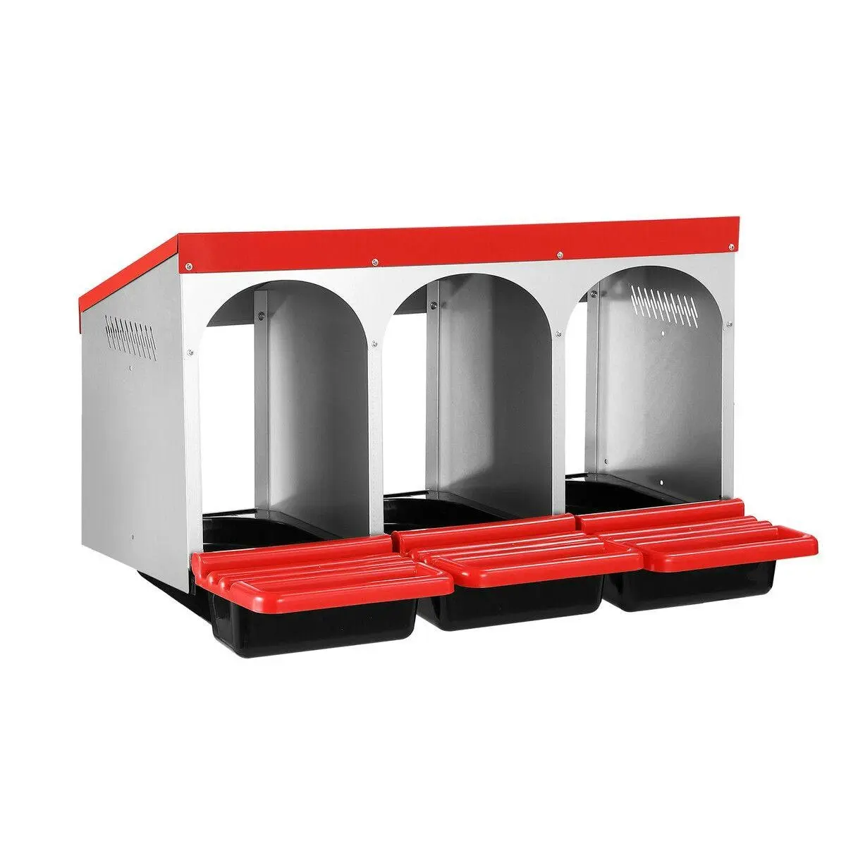 Pet Scene 3 Hole Chicken Nesting Box Hen Roll Away Laying Boxes Chook Nest Brooder Poultry Egg Coop Roost Perch Galvanised Steel Plastic with Vents Lid - Pets