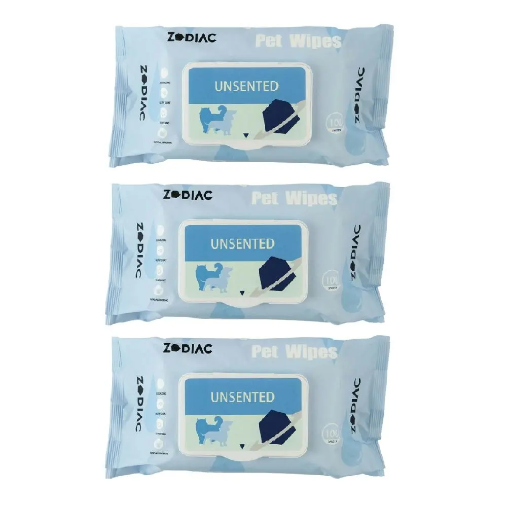 3x 100pc Zodiac Unscented Grooming/Cleaning Pet Dog/Cat Antibacterial Wipes - Pets