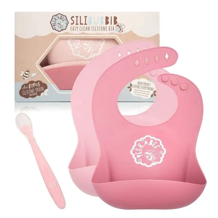 Peekabee Silicone Bib Raspberry/pale Pink 2 Pack + Silispoon - Baby