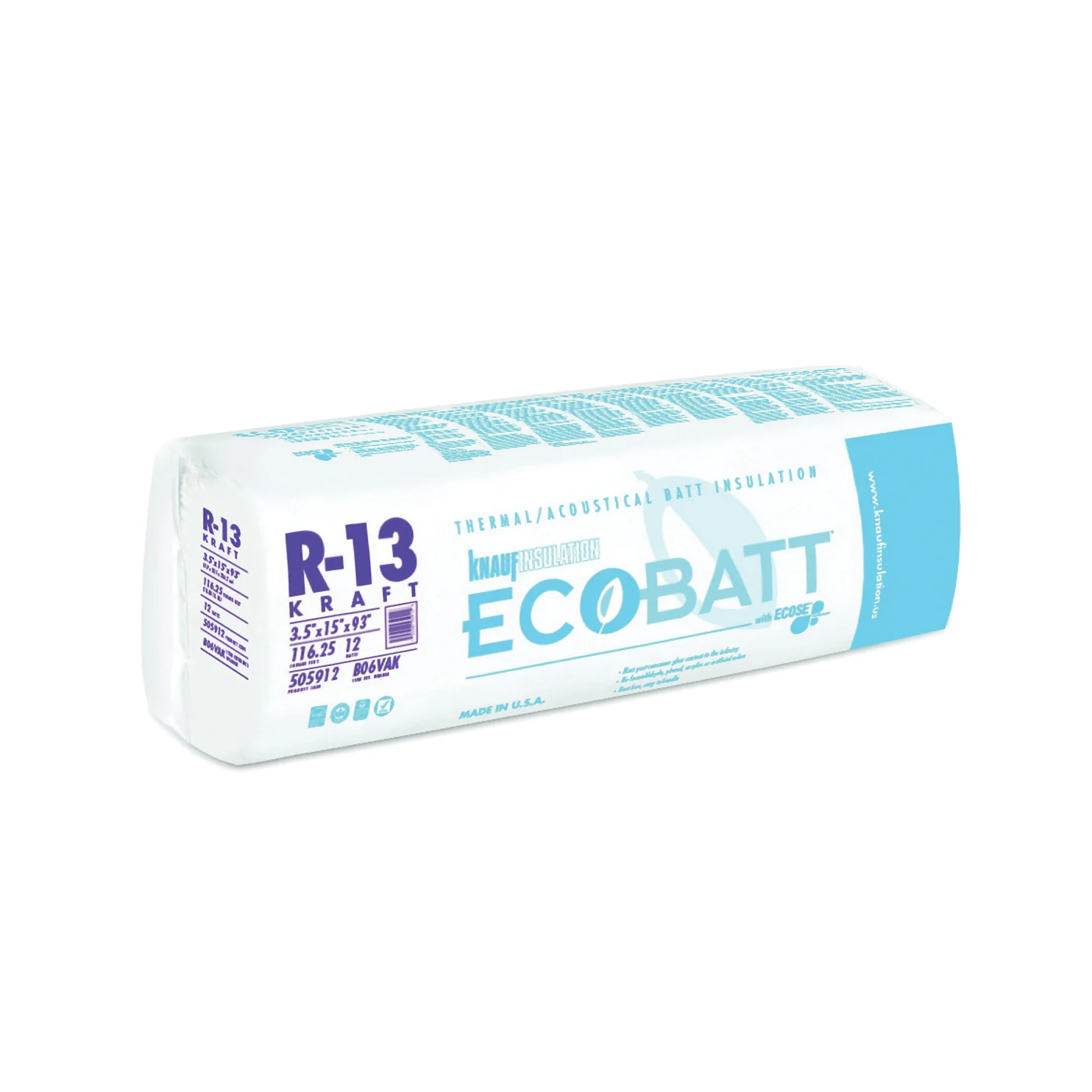 B06VAK Building Insulation, 93 in L, 15 in W, Fiberglass - Knauf Insulation