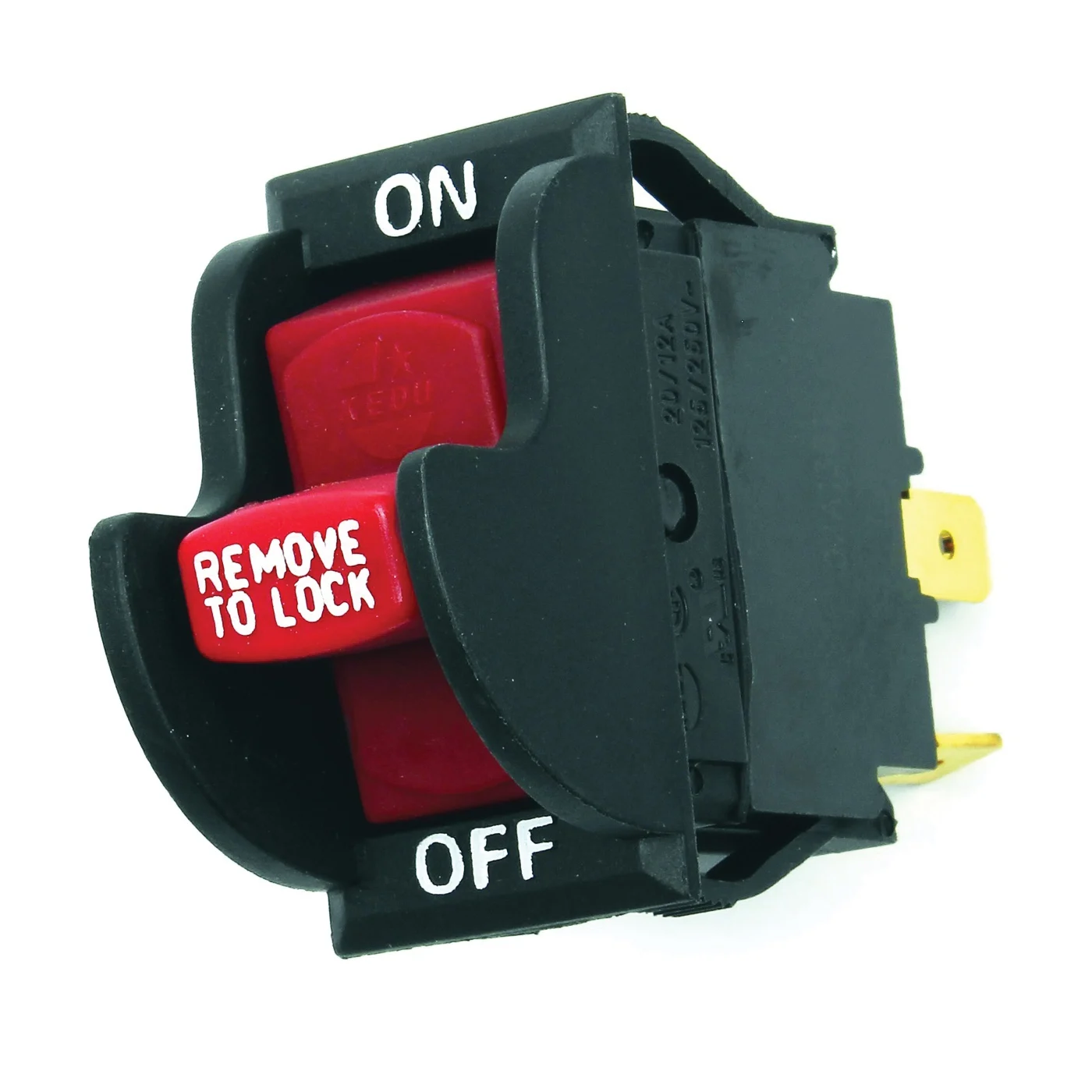 61314 Rocker Switch with Lockout, 12/20 A, 125/250 V, SPST, Tab Terminal, Black/Red - Jandorf