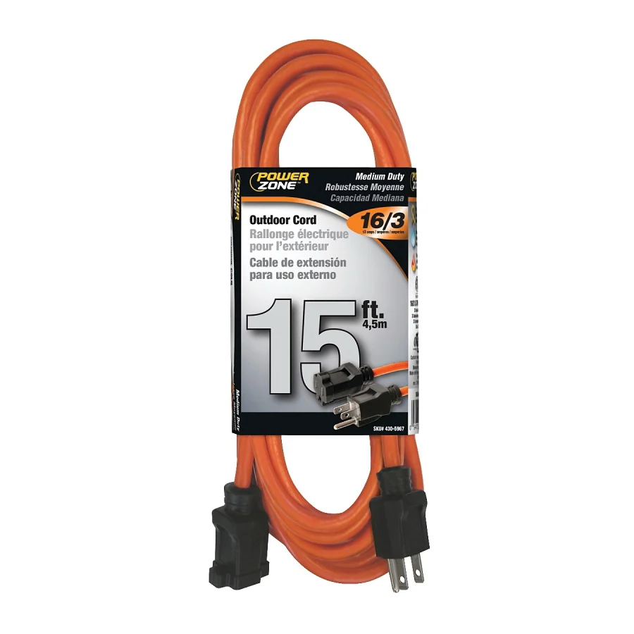 OR501615 Extension Cord, 16 AWG Cable, 5-15P Grounded Plug, 5-15R Grounded Receptacle, 15 ft L, 125 V, Orange