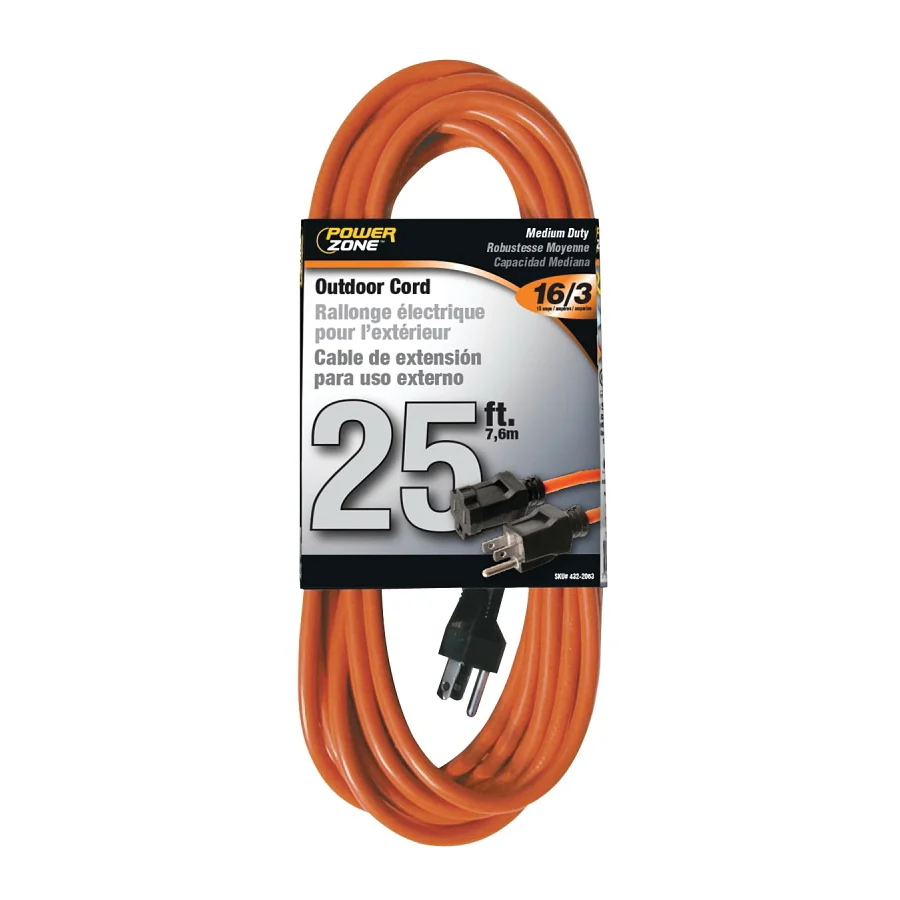 OR501625 Extension Cord, 16 AWG Cable, 5-15P Grounded Plug, 5-15R Grounded Receptacle, 25 ft L, 125 V, Orange