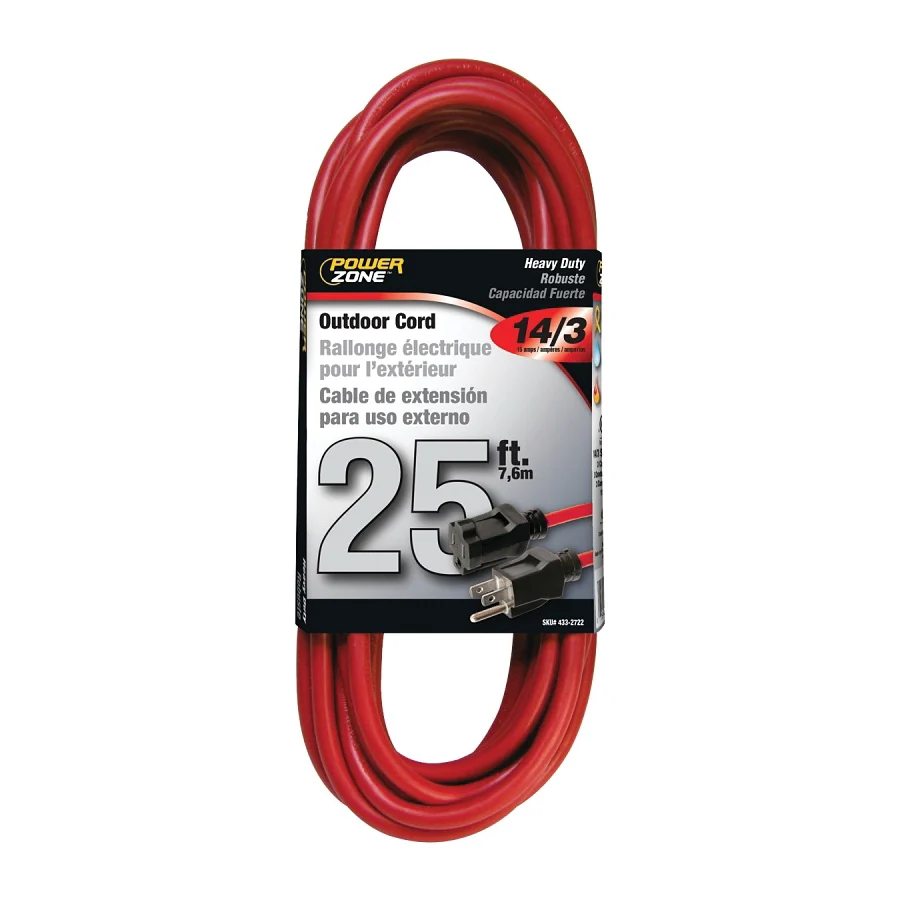 OR514725/506725 Extension Cord, 14 AWG Cable, 25 ft L, 125 V, Red - PowerZone