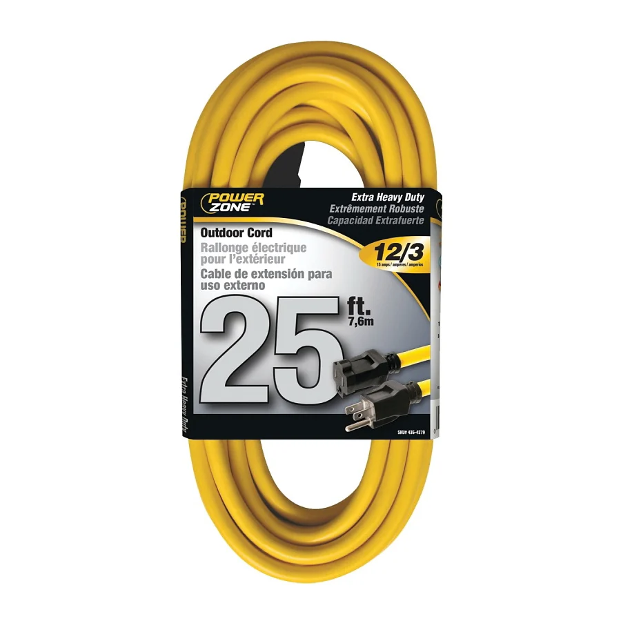 OR500825 Extension Cord, 12 AWG Cable, 25 ft L, 125 V, Yellow - PowerZone