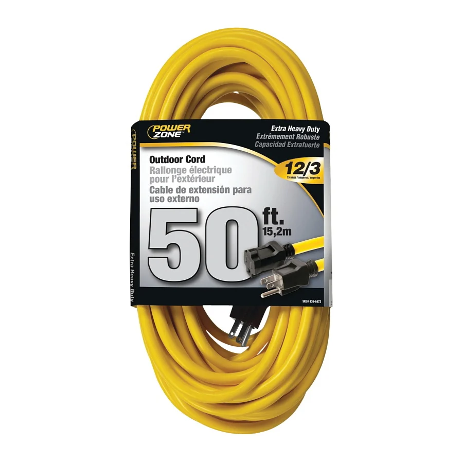 OR500830 Extension Cord, 12 AWG Cable, 50 ft L, 125 V, Yellow - PowerZone