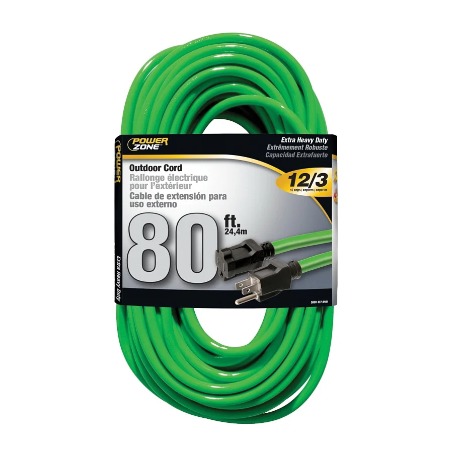 ORN512833 Extension Cord, 12 AWG Cable, 80 ft L, 15 A, 125 V, Neon Green - PowerZone