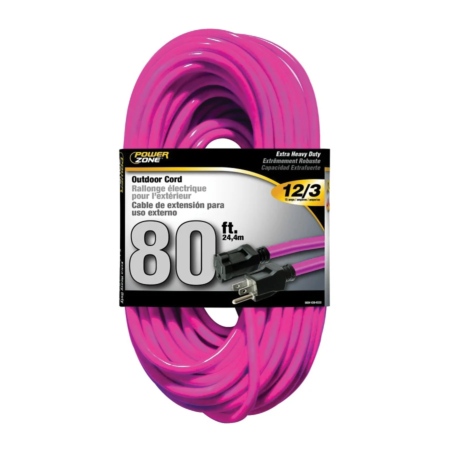 ORN513833 Extension Cord, 12 AWG Cable, 80 ft L, 15 A, 125 V, Neon Pink - PowerZone