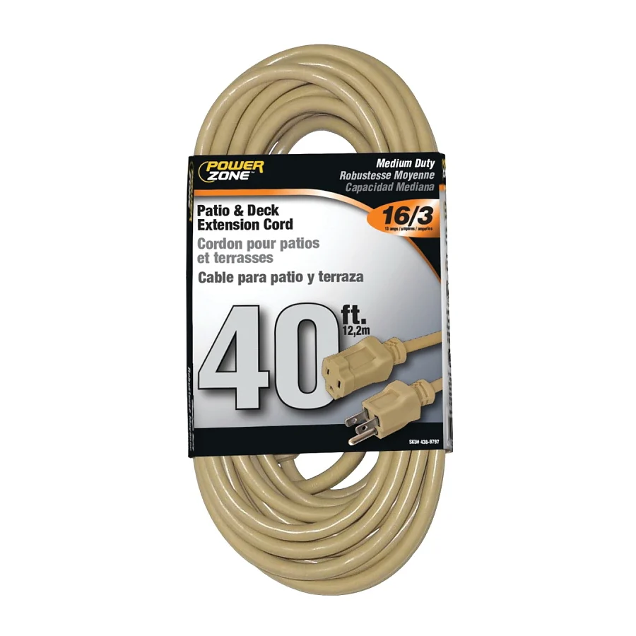 OR884628 Extension Cord, 16 AWG Cable, 40 ft L, 125 V, Beige - PowerZone