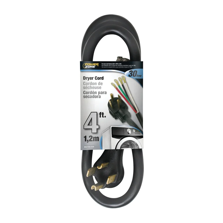ORD100404 Power Supply Dryer Cord, 10 AWG Cable, 4 ft L, 250 V, Black - PowerZone