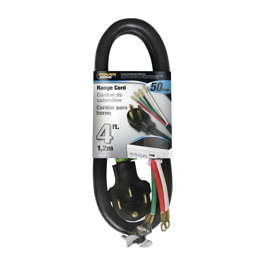 ORR628204 Power Supply Range Cord, 6, 8 AWG Cable, 4 ft L, 50 A, 250 V, Black - PowerZone
