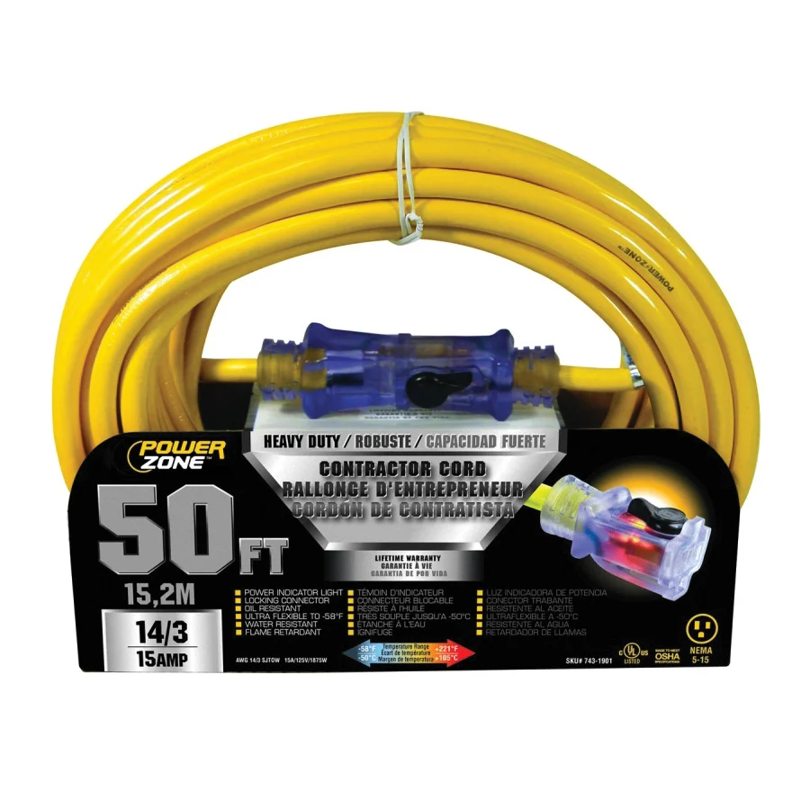 ORP511730 Contractor Cord, 14 AWG Cable, 50 ft L, 15 A, 125 V, Yellow - PowerZone