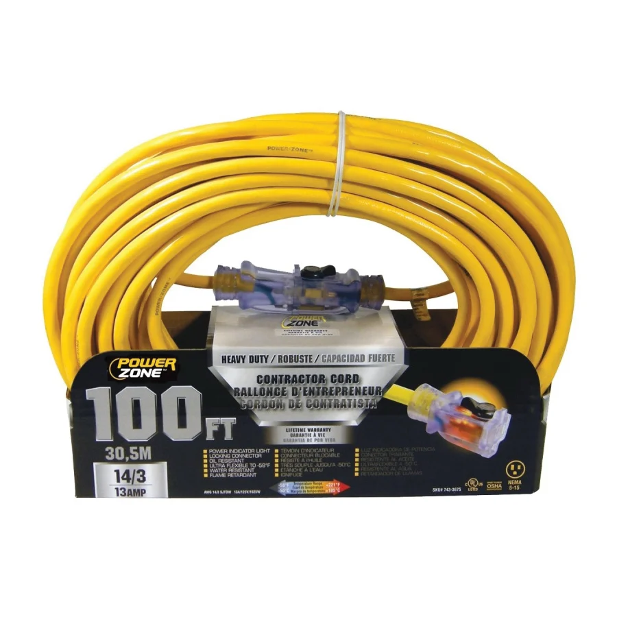 ORP511735 Contractor Cord, 14 AWG Cable, 100 ft L, 13 A, 125 V, Yellow - PowerZone