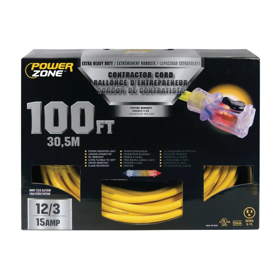 ORP511835 Contractor Cord, 12 AWG Cable, 100 ft L, 15 A, 125 V, Yellow - PowerZone