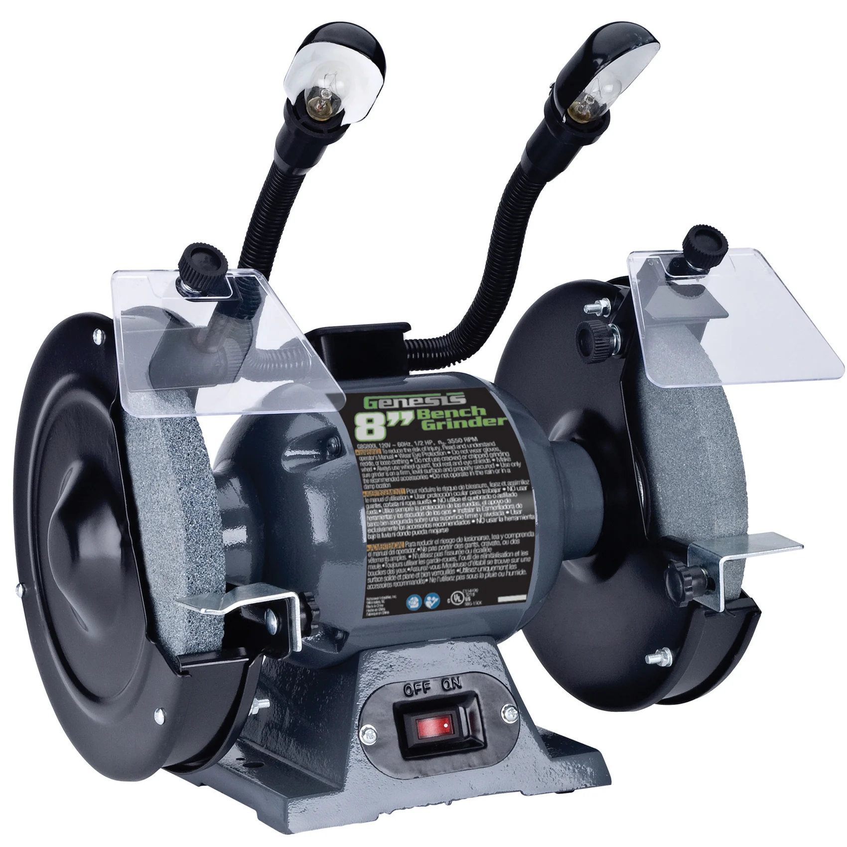 GBG800L Bench Grinder with Light, 120 V, 5/8 in Arbor/Spindle, 8 in Dia Wheel, 3550 rpm Speed - Genesis