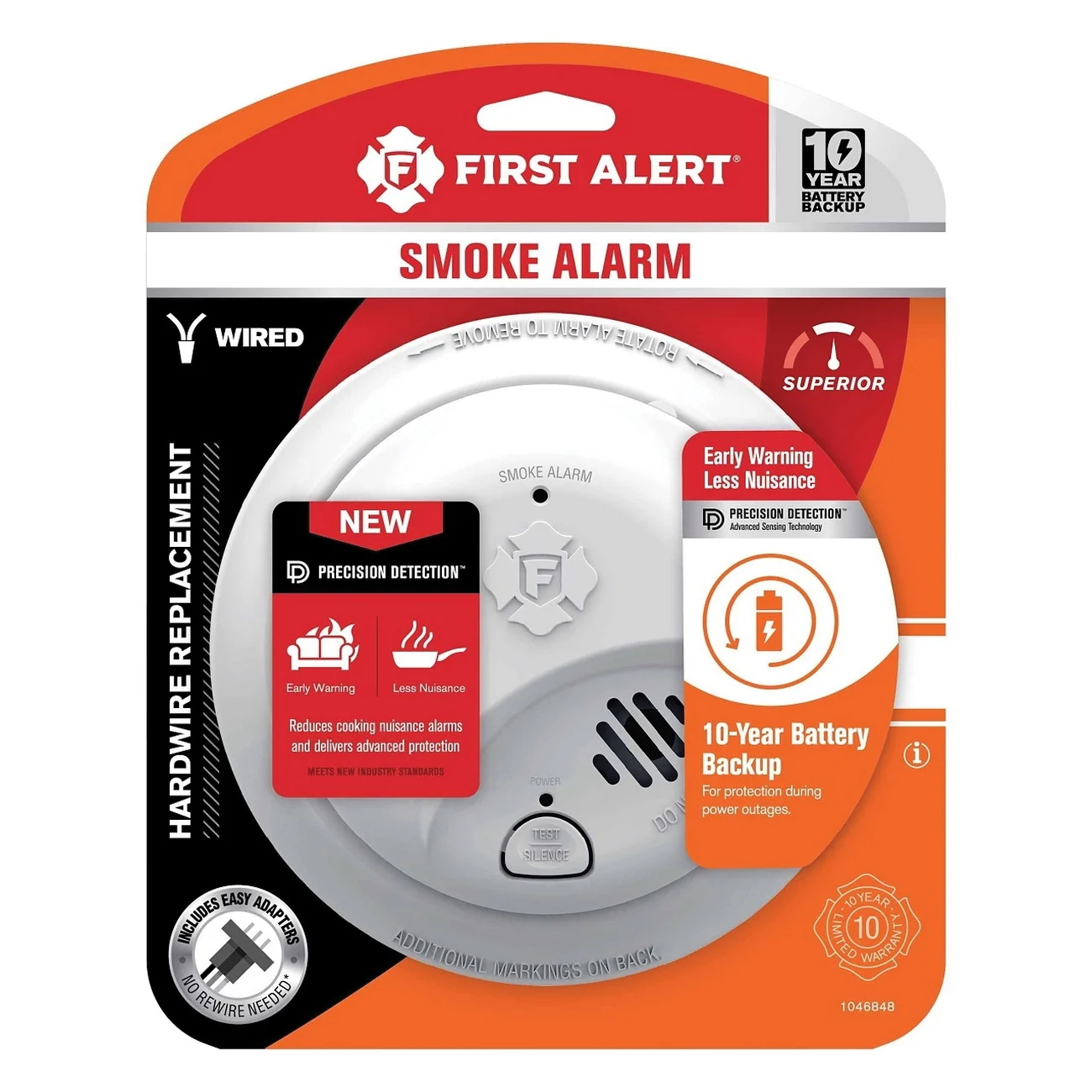 1046848 Smoke Alarm, Ionization Sensor, 85 dB, Alarm: Audible, Visual, White - First Alert
