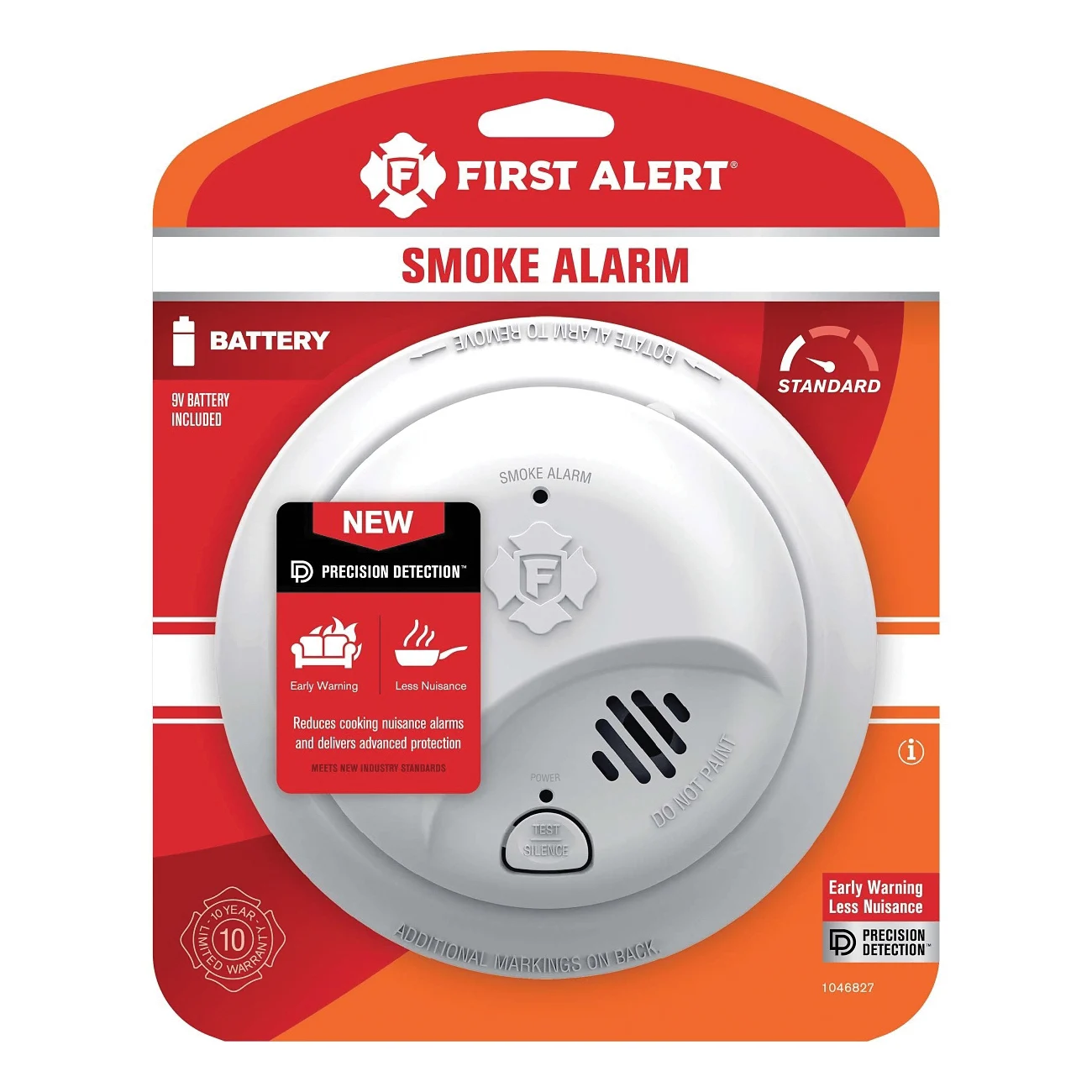 1046827 Smoke Alarm, Ionization Sensor, White, 9 V - First Alert