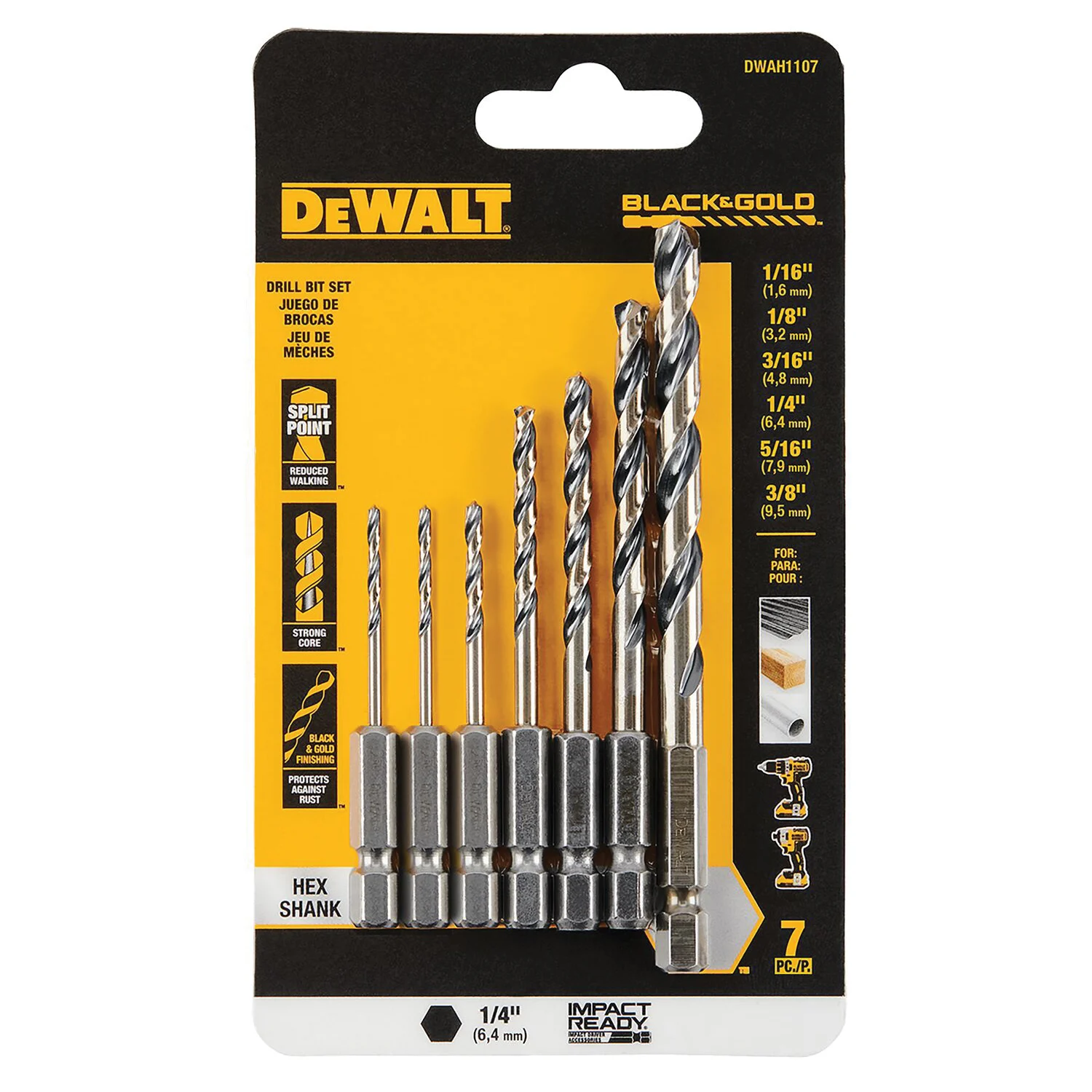 DWAH1107 Drill Bit Set, Impact Ready, 7-Pieces, High Speed Steel, Black/Gold