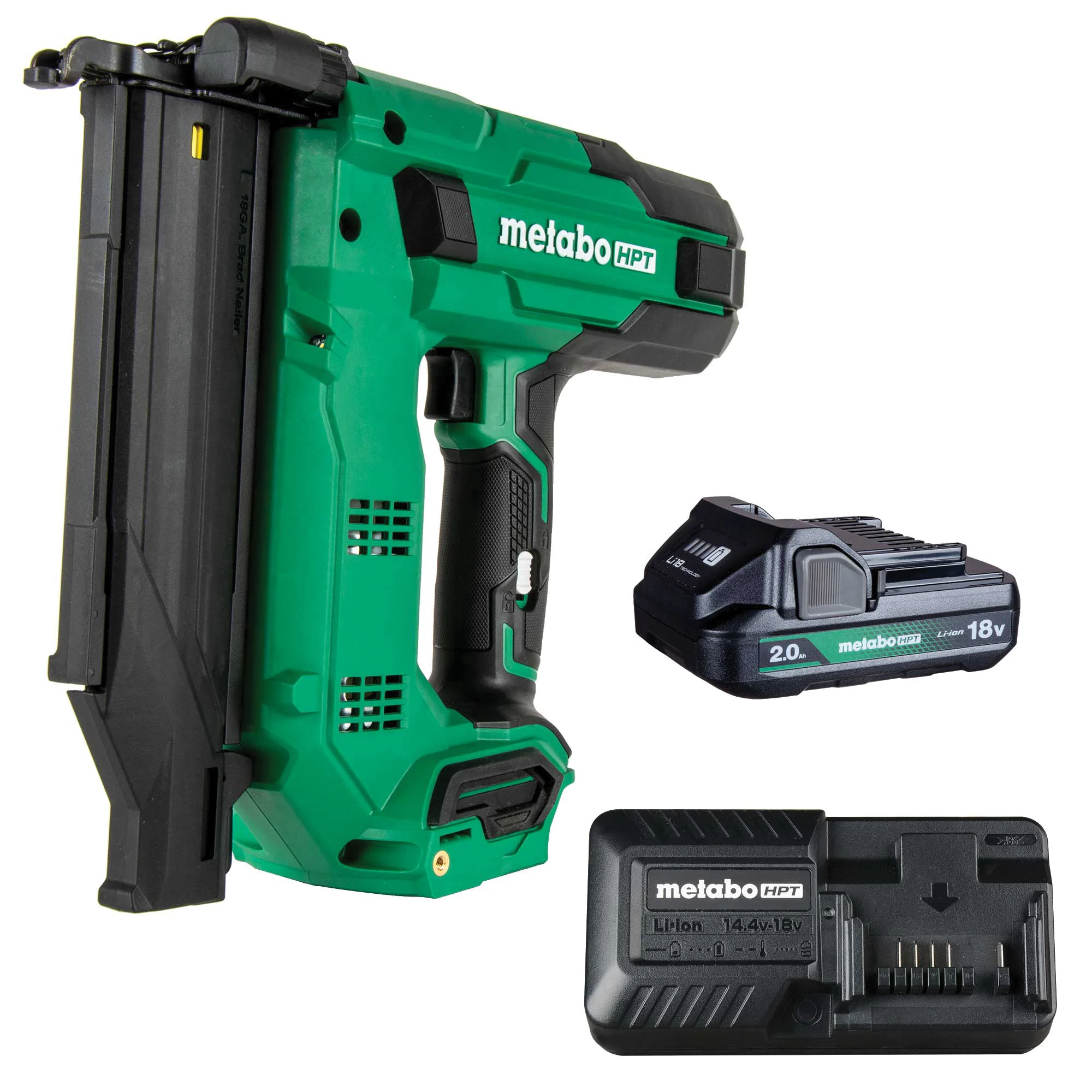 MultiVolt Series NT1850DGM Nailer Kit, Battery Included, 18 V, 2 Ah, 100 Magazine, 0 deg Collation - Metabo HPT