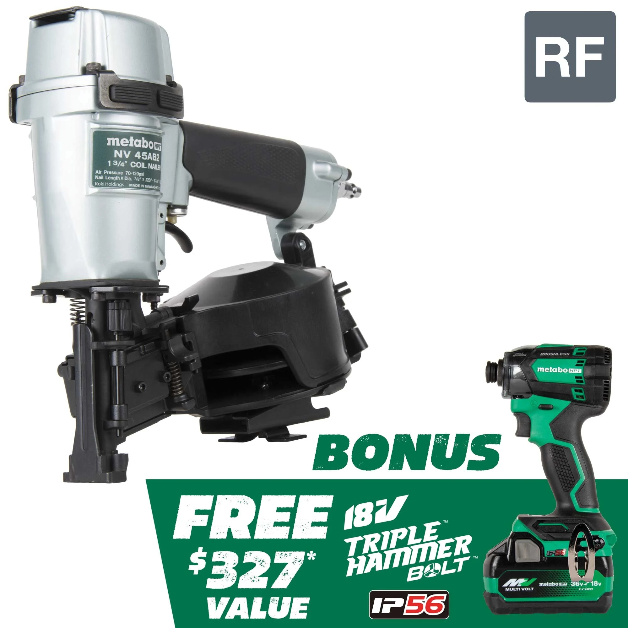 KNV45AB2 Coil Roofing Nailer and Impact Driver Kit, 4-Piece