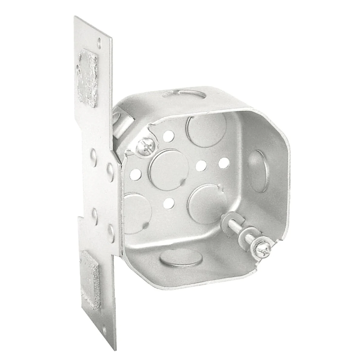 54171-FAN-UPC Ceiling Fan Box, 4 in W, 2-1/8 in D, 4 in H, 8-Knockout, Steel, Silver, Galvanized