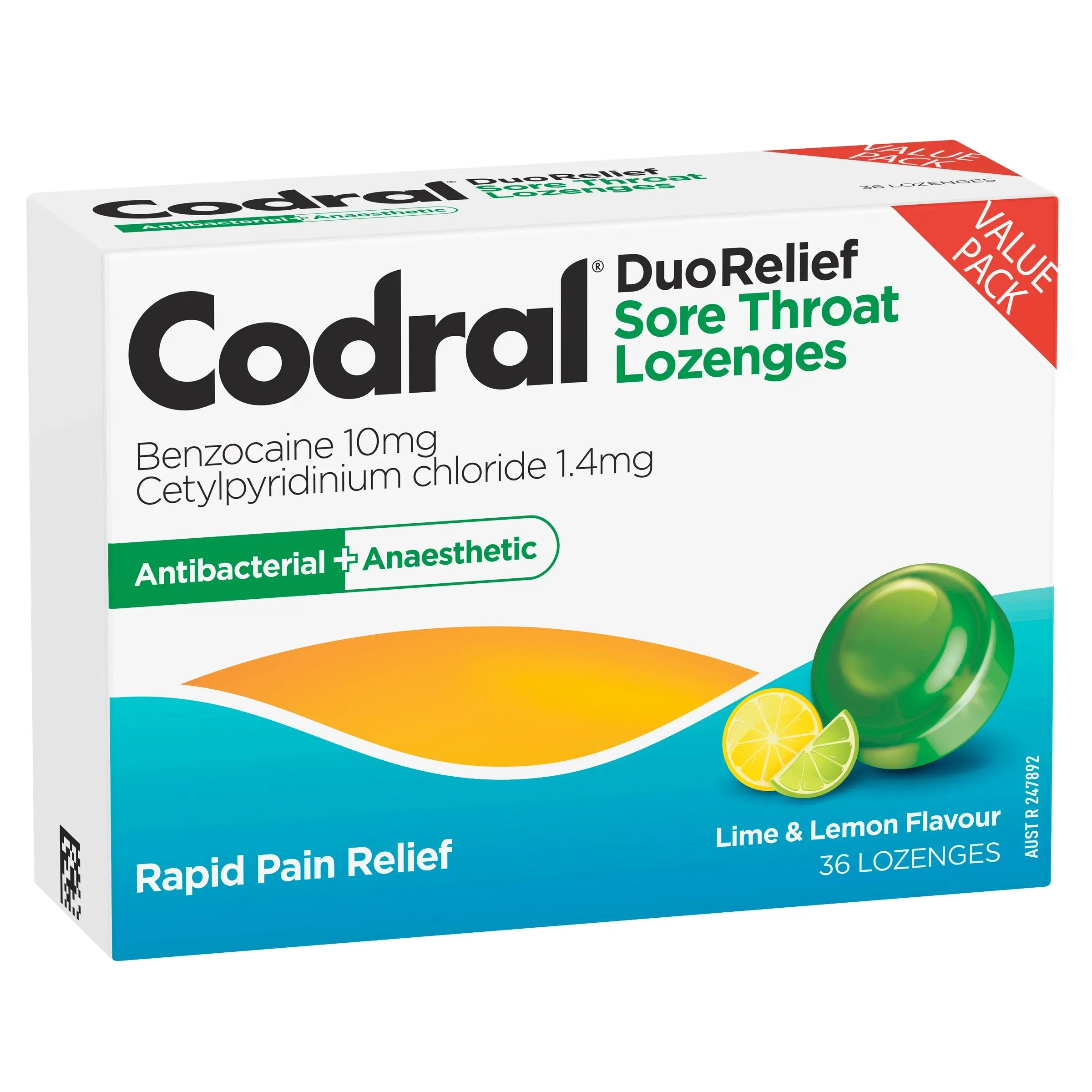 Codral Sore Throat Lozenges Antibacterial + Anaesthetic Lime & Lemon 36 Pack - Health