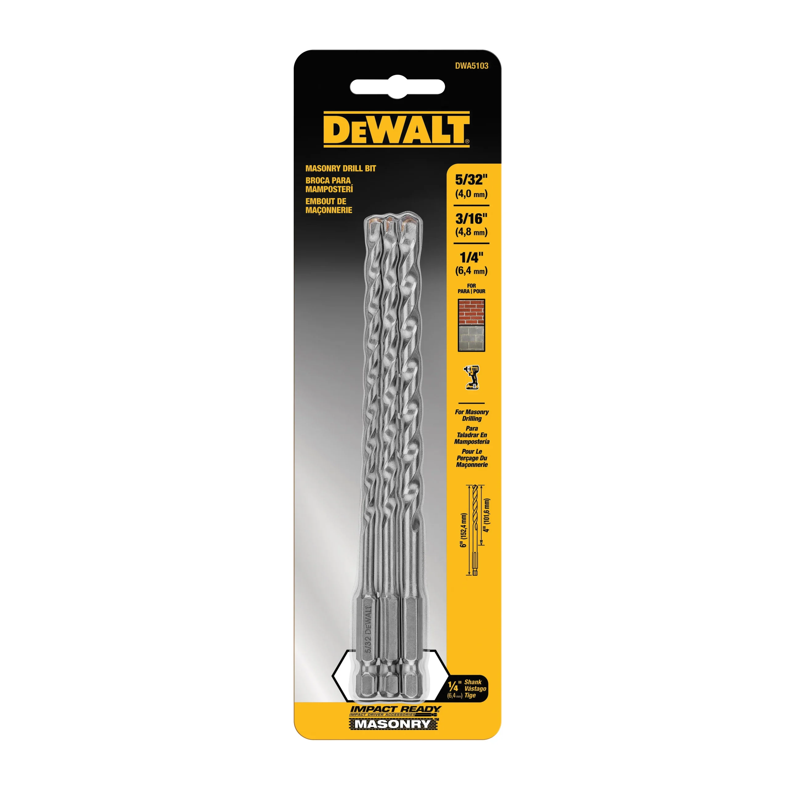 DWA5103 Impact Ready Drill Bit, Masonry, 3-Piece, HCS