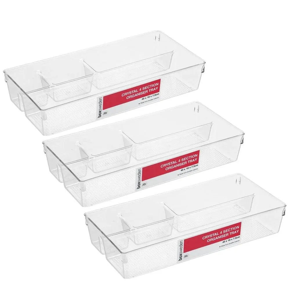 3x Boxsweden Crystal Organiser Tray 4 Section 40cm Storage Holder Container CLR - Home & Garden