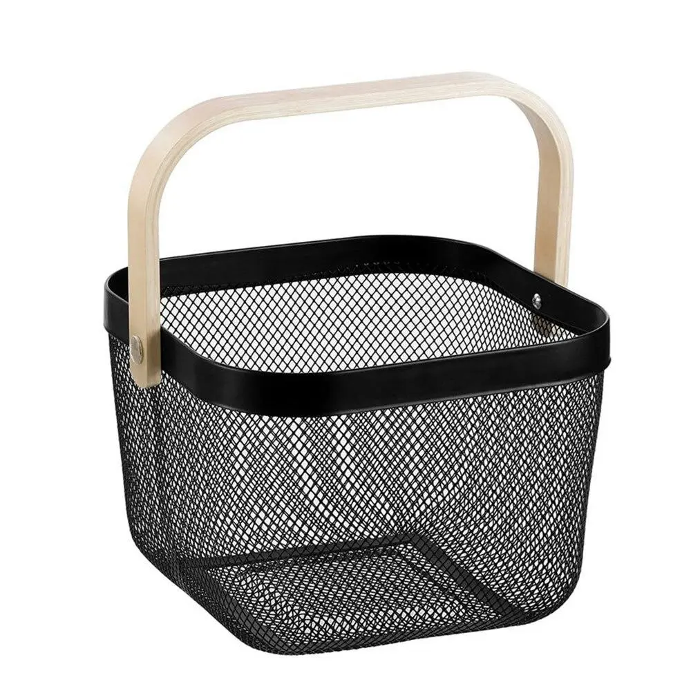 Boxsweden 25x25x17cm Mesh Home Storage Basket/Organiser w/Wooden Handle Black - Home & Garden