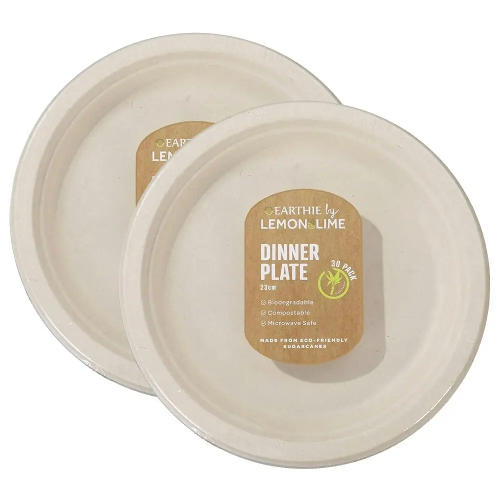 2x 30PK Lemon & Lime 23cm Eco Sugarcane Round Dinner Plate/Tableware Natural - Hobbies