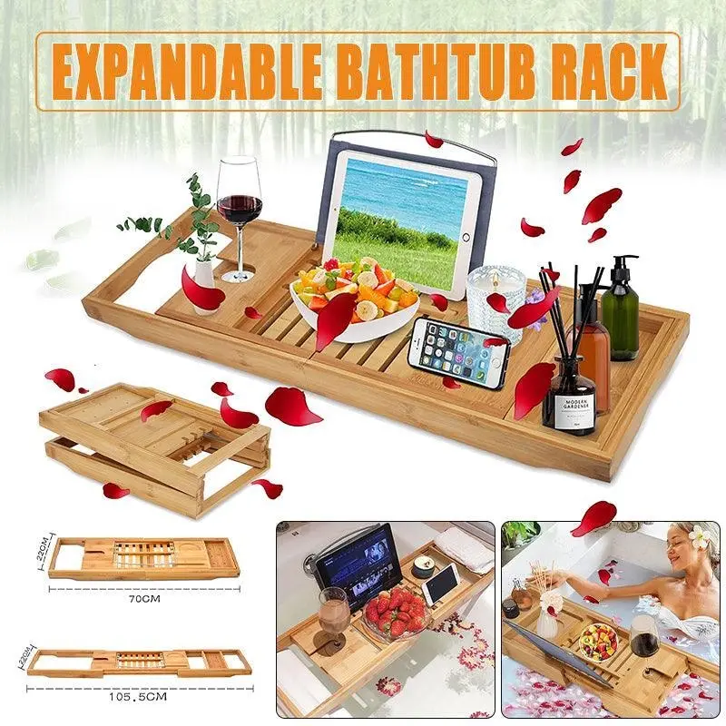 Expandable Bamboo Bath Caddy Book Iphone Wineglass Holder Over Bathtub Rack Au - Home & Garden