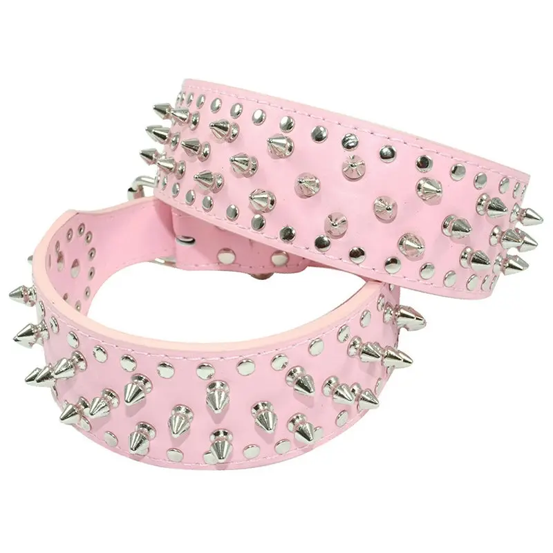 Dog Leather Collar Nickel Plated Spiked&Studded Adjustable Dog Collar Pink L - Pets
