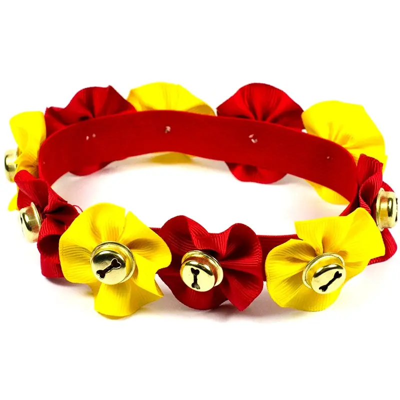 Dog Cat Pet Christmas Bell Neck Collar 100% Handmade Elastic Band Collar Yellow - Pets