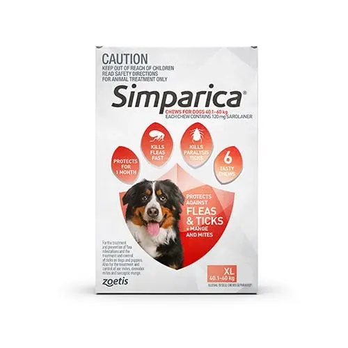 SIMPARICA for Extra Large Dogs 40.1 to 60 Kg (Red) 3 Chews - Pets