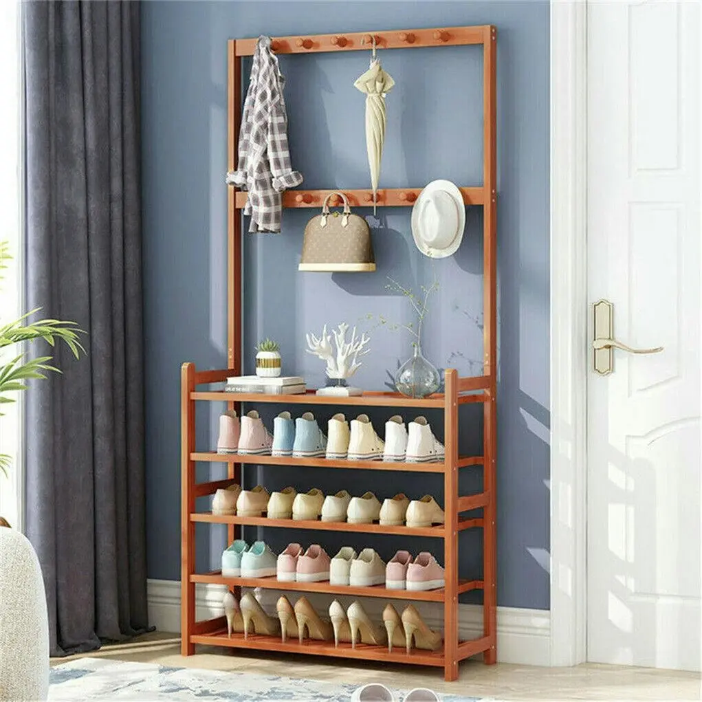 Industrial Bamboo Entryway Organizer with 8 Hooks and Shelf - Home & Garden