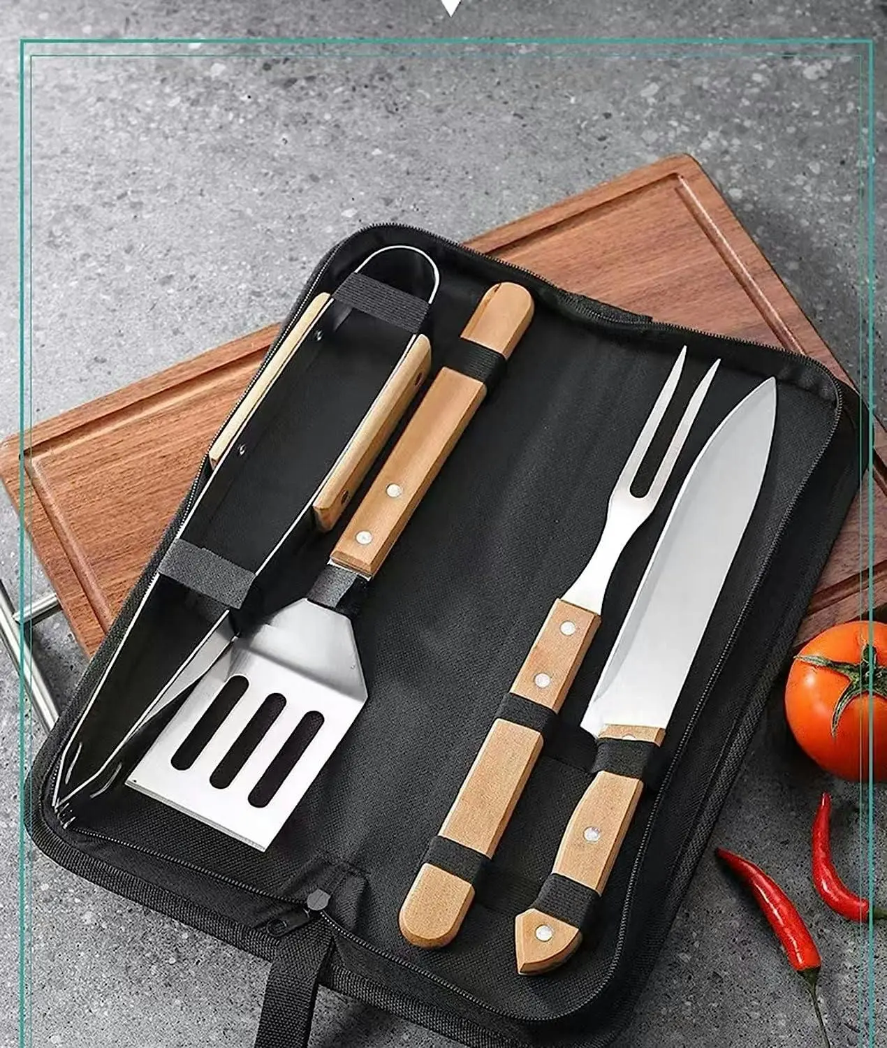 BBQ Grilling Tools Set, 4 pcs Grill Utensils, Heavy Duty Stainless Steel, Portable Canvas Bag, Outdoor Camping Backyard - Home & Garden