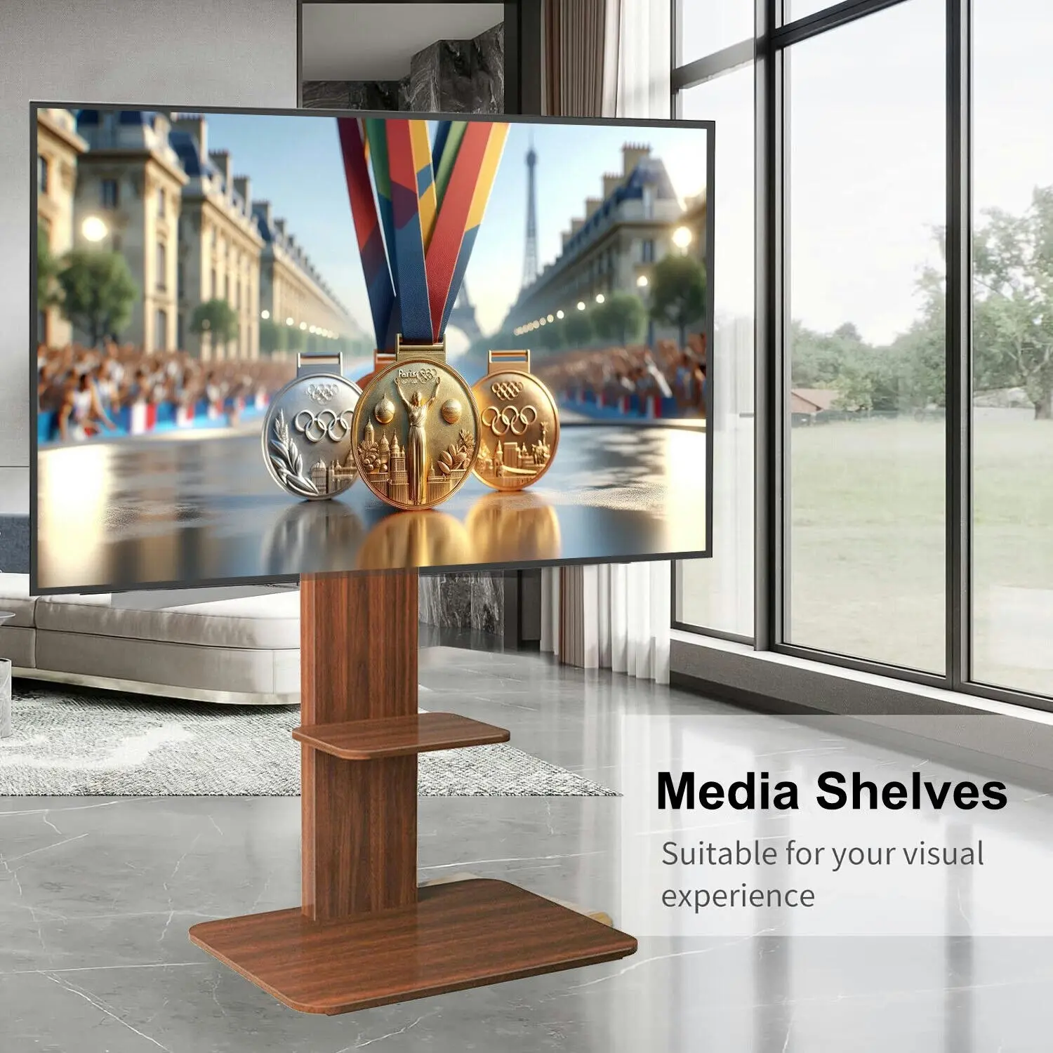 Fin Universal Floor Tv Stand Height Adjustable W Media Shelf For 32"-60" Flat Screen
