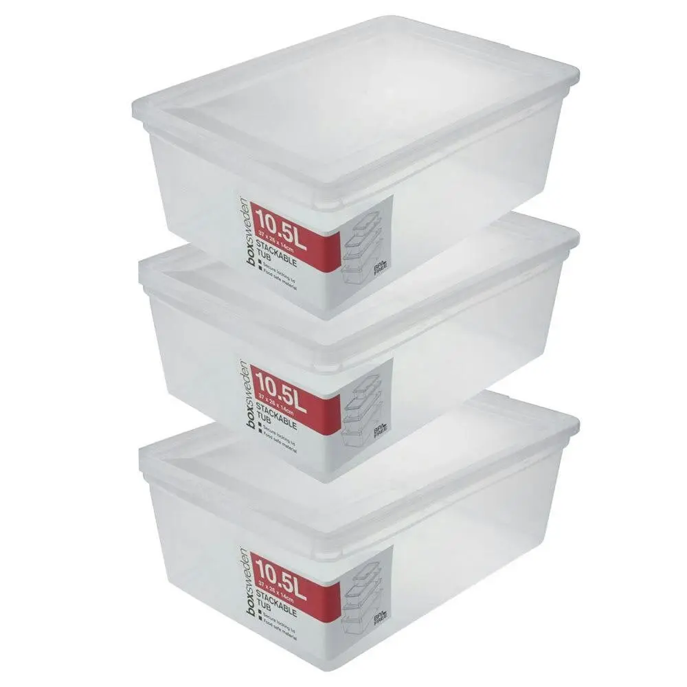3x Boxsweden Essentials 10.5L Stackable 36cm Storage Organiser Container Clear - Home & Garden