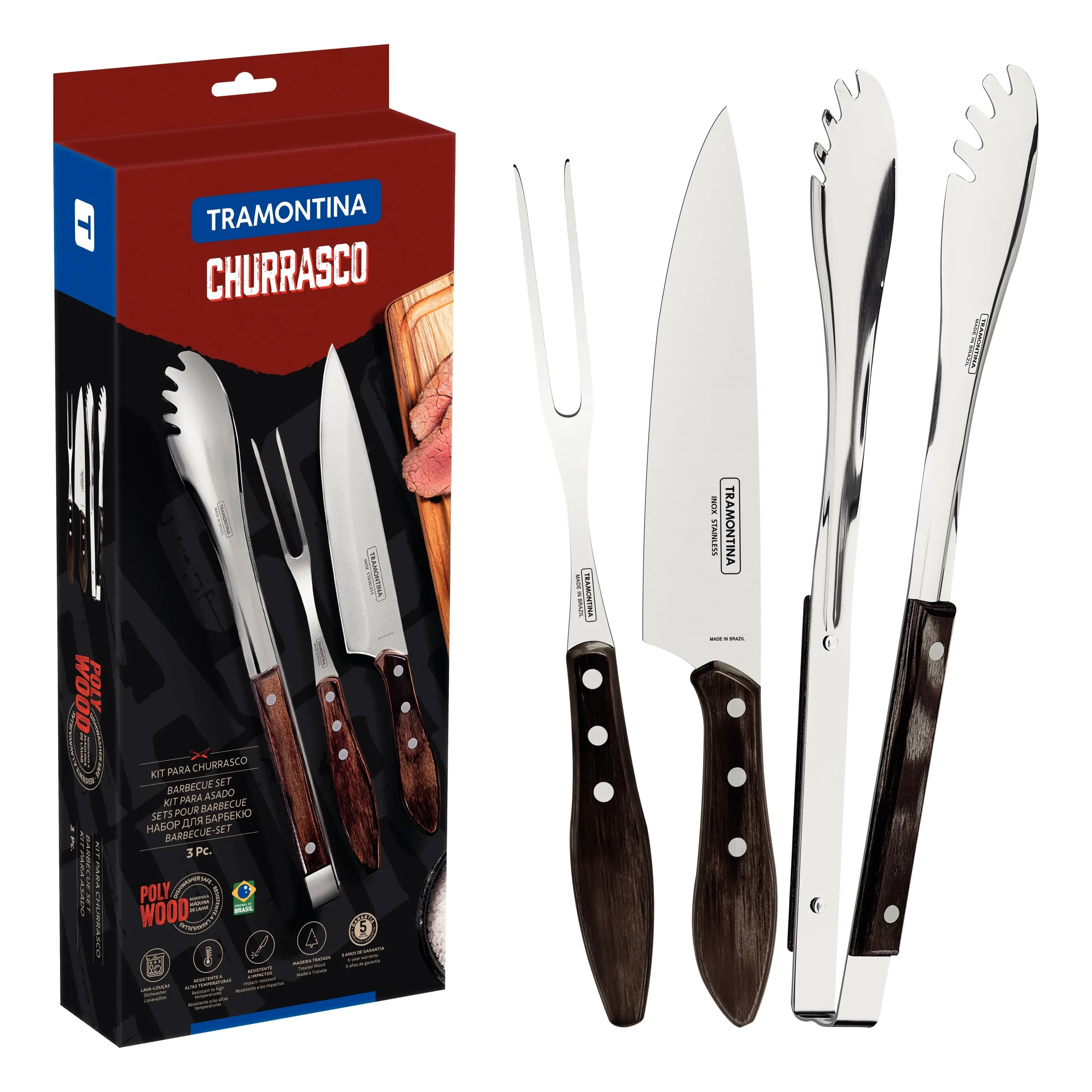 3-Piece Utensil Set with Stainless-Steel Blades and Treated Brown Polywood Handles