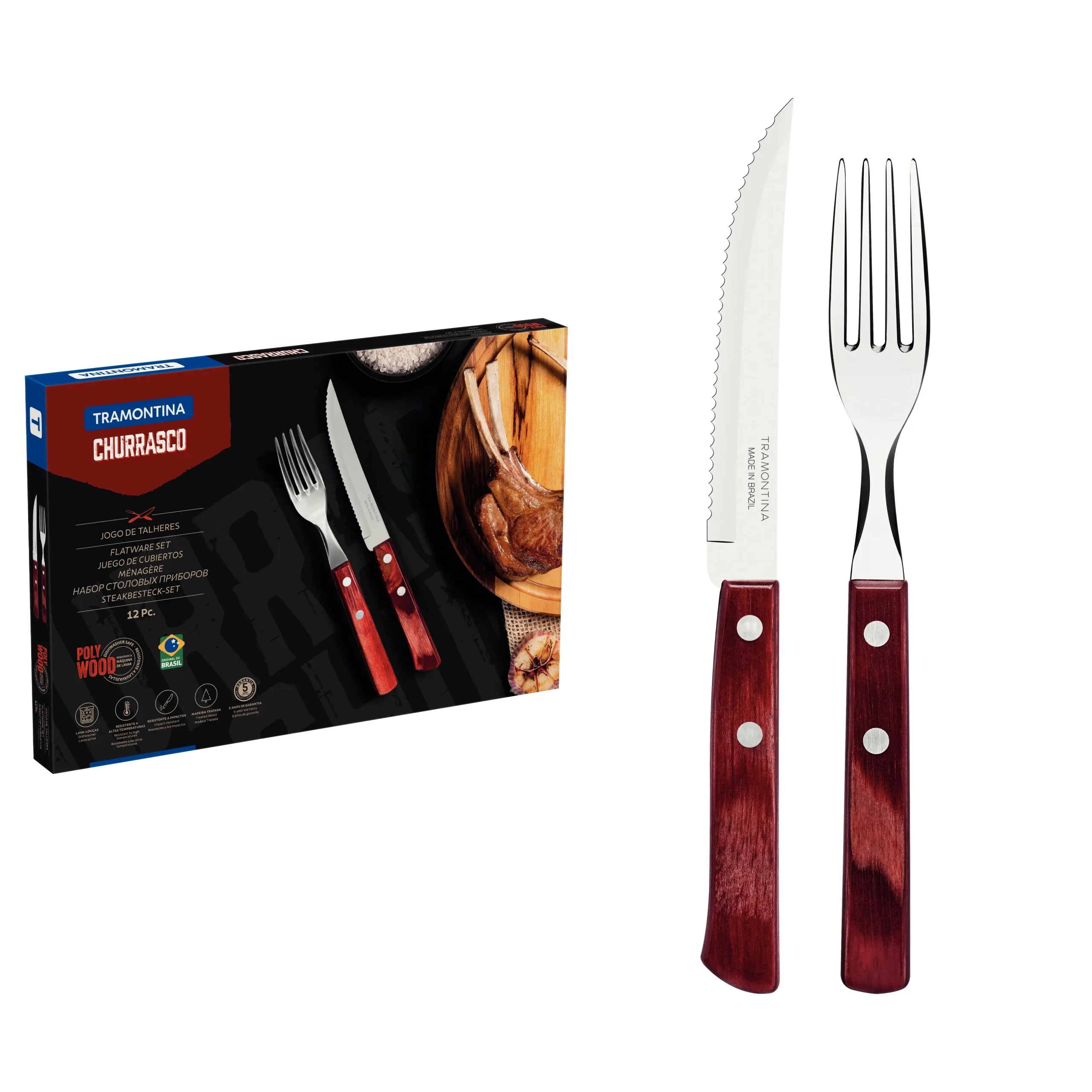 12-Piece Stainless-Steel Flatware Set with Red Polywood Handles
