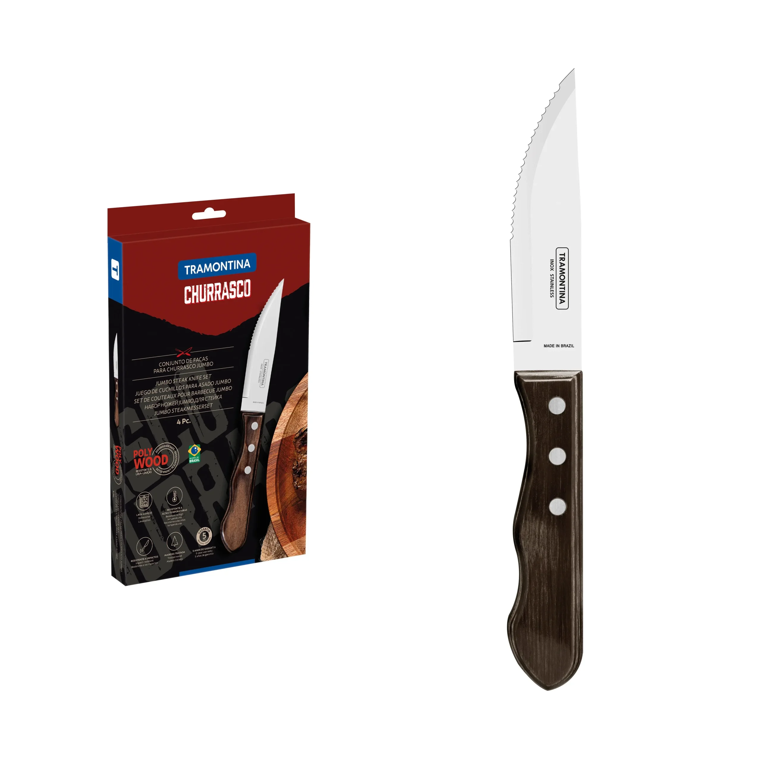 Churrasco Polywood 4-Piece Jumbo Steak Knife Set, Brown
