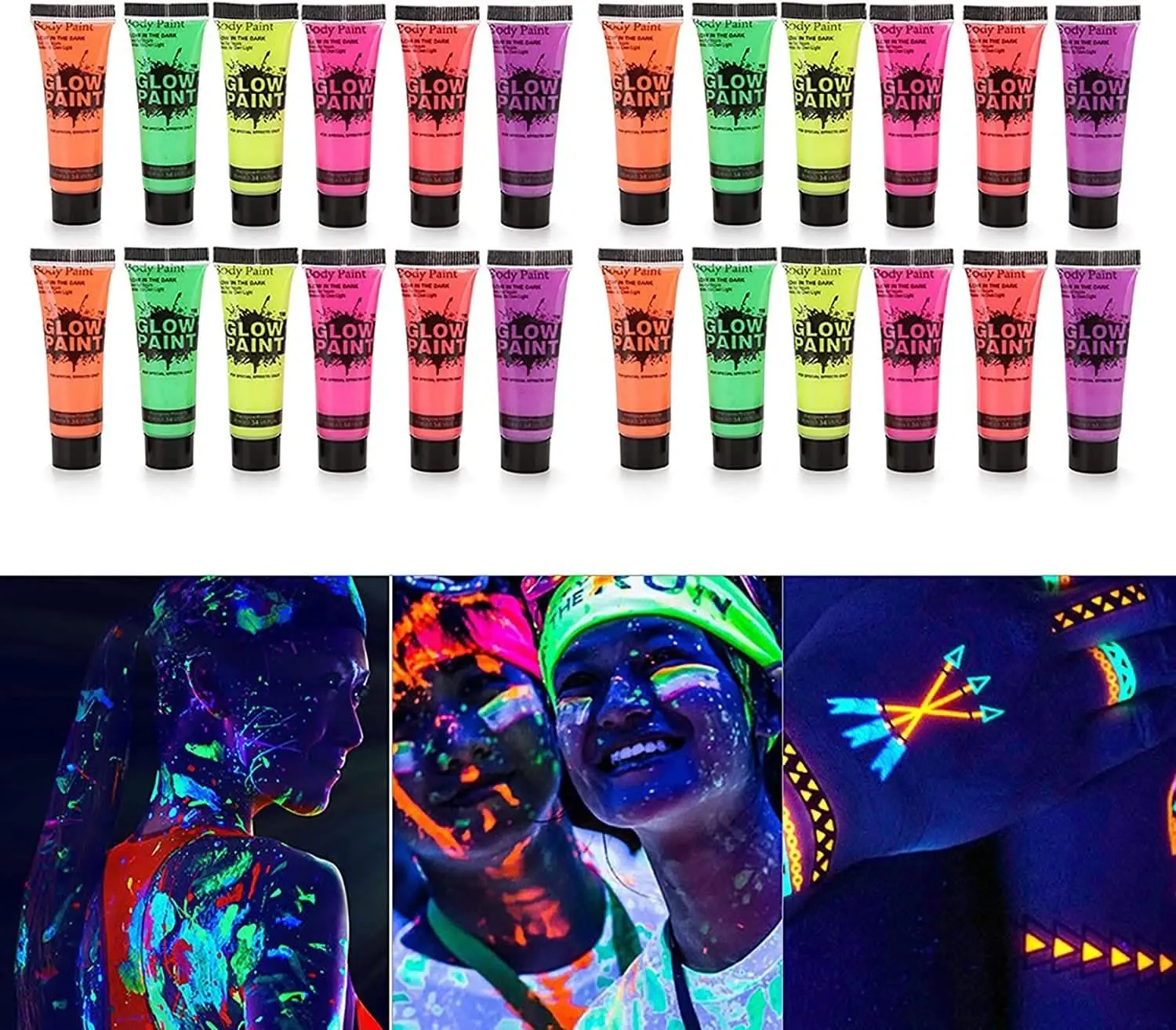 24 Tubes 25ml Art Body Paint Glow inLight Face & Body Paint with 6 Colors Glow Blacklight Neon Fluorescent for Party Clubbing Festival Halloween Makeup - Hobbies