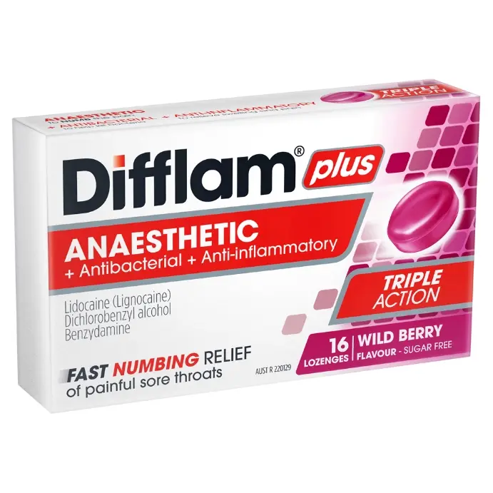 Difflam PLUS Berry Sugarfree 16 Lozenges - Health