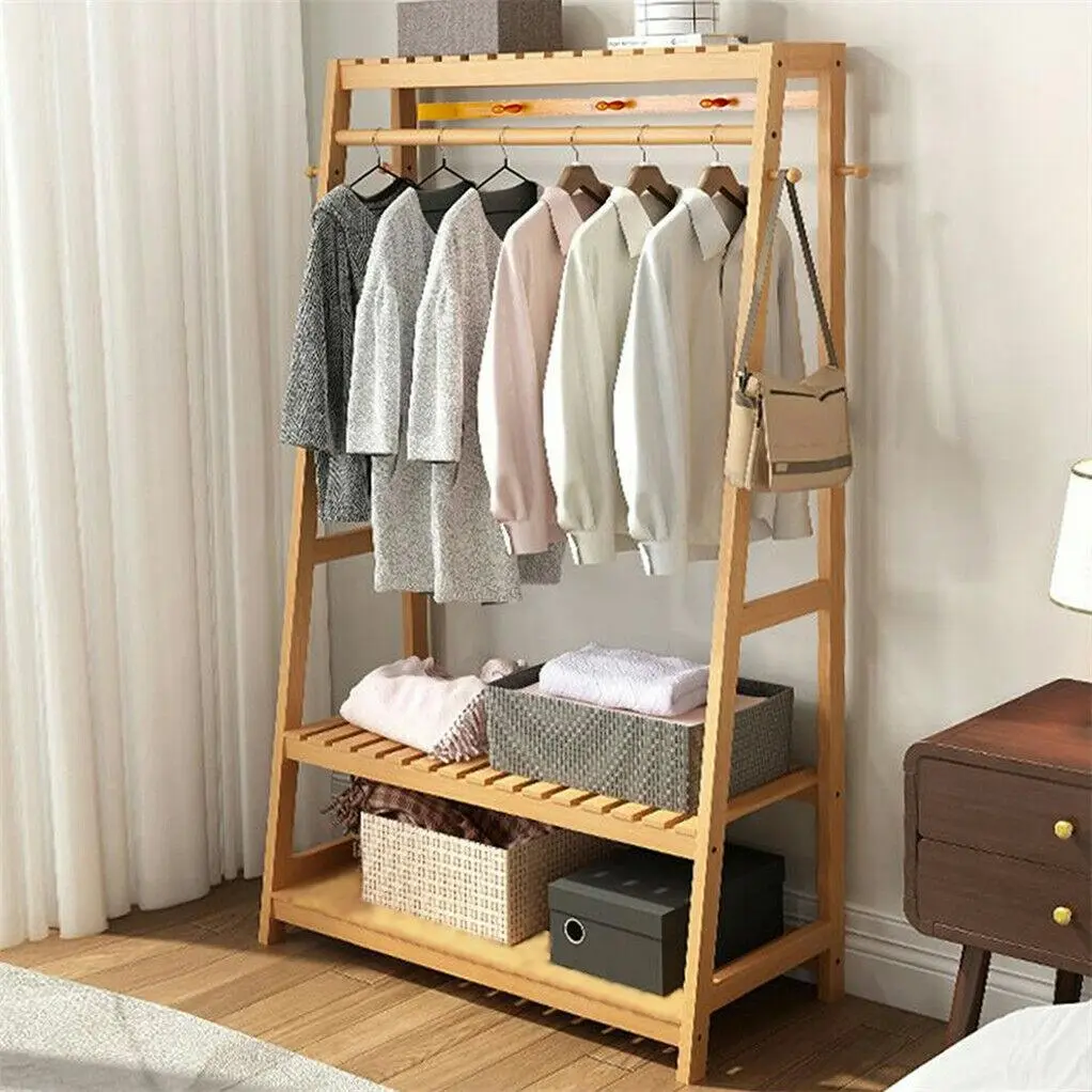 3-Tier Bamboo Garment Rack with Shelves