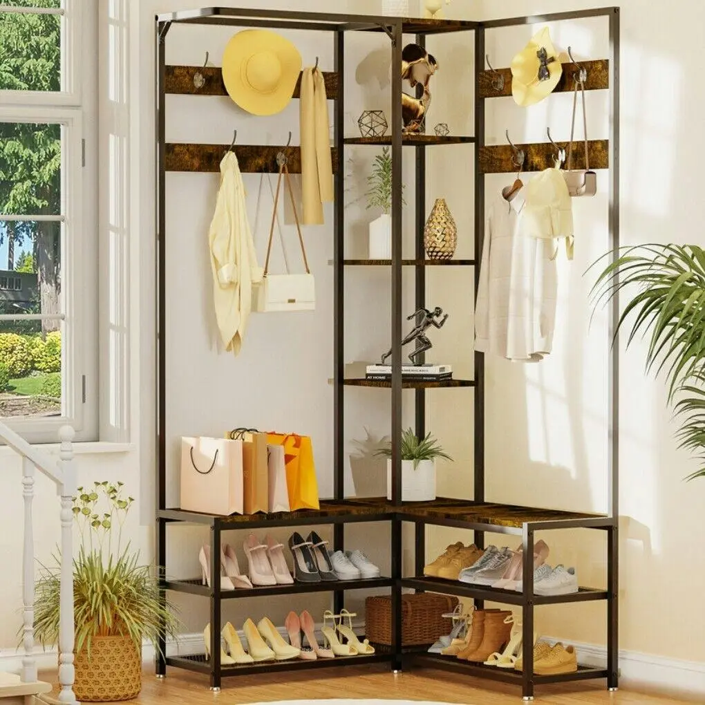 Fin 6-In-1 Entryway Hall Tree With Bench And Shoe Storage Shelves Vintage Coat Rack