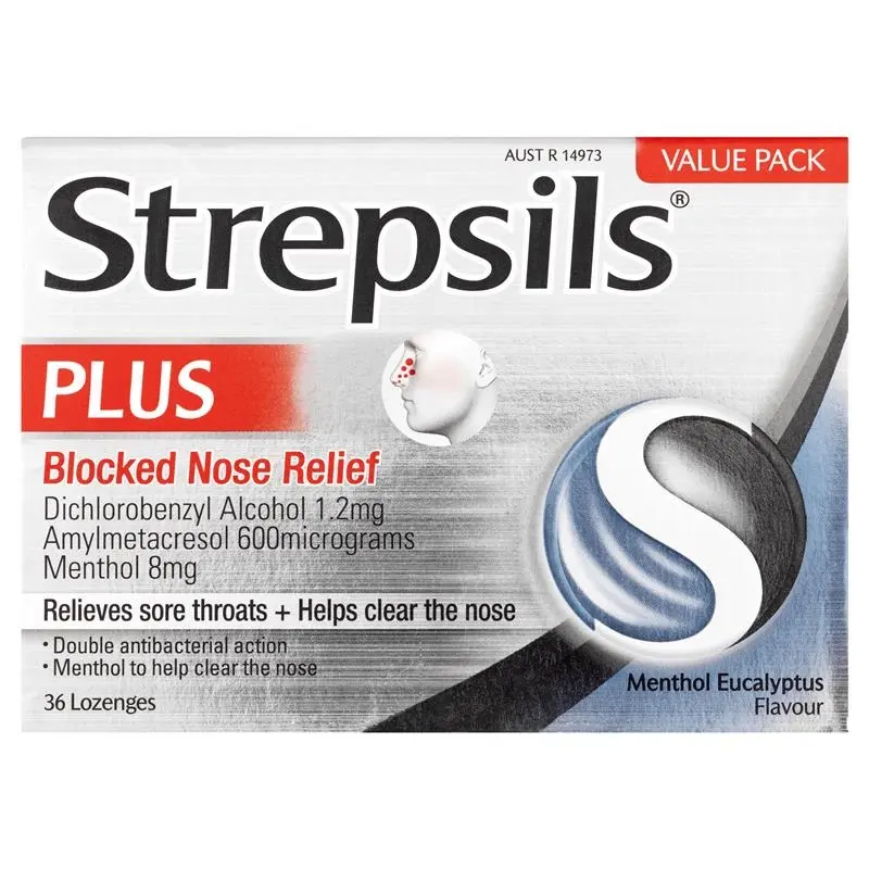 Strepsils Plus Blocked Nose Relief Throat Lozenges Menthol Eucalyptus 36PK - Health