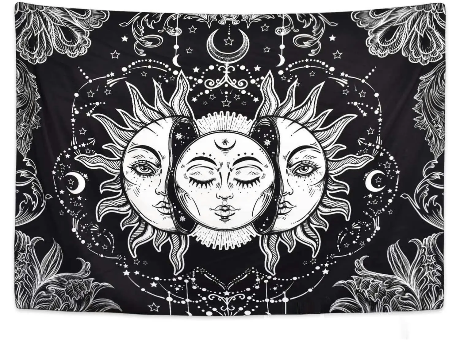 Psychedelic Sun and Moon Tapestry (Black and White) - Home & Garden