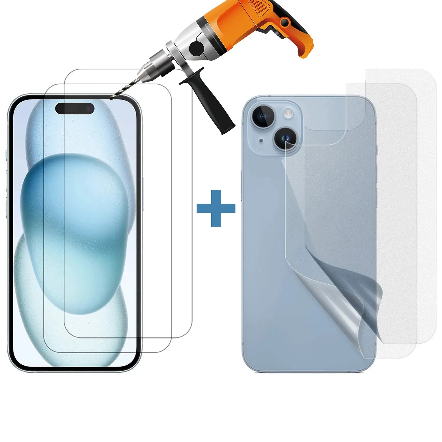 2 Set Tempered Glass Screen Protector for Apple iPhone 15 Front and Film Back - Electronics